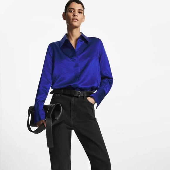 COS Oversized Satin Crinkled Texture Long Sleeve Blouse in Royal Cobalt Blue - Picture 7 of 8